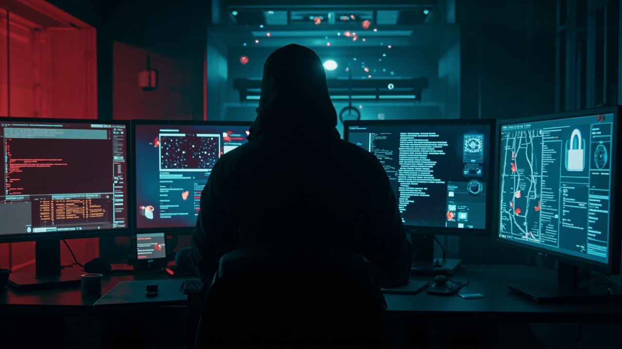 Imagen generada por IA con el prompt: A hooded figure in a dimly lit server room with multiple monitors displaying lines of code and network diagrams, digital padlocks and warning symbols, moody blue and red lighting, cinematic, editorial style.