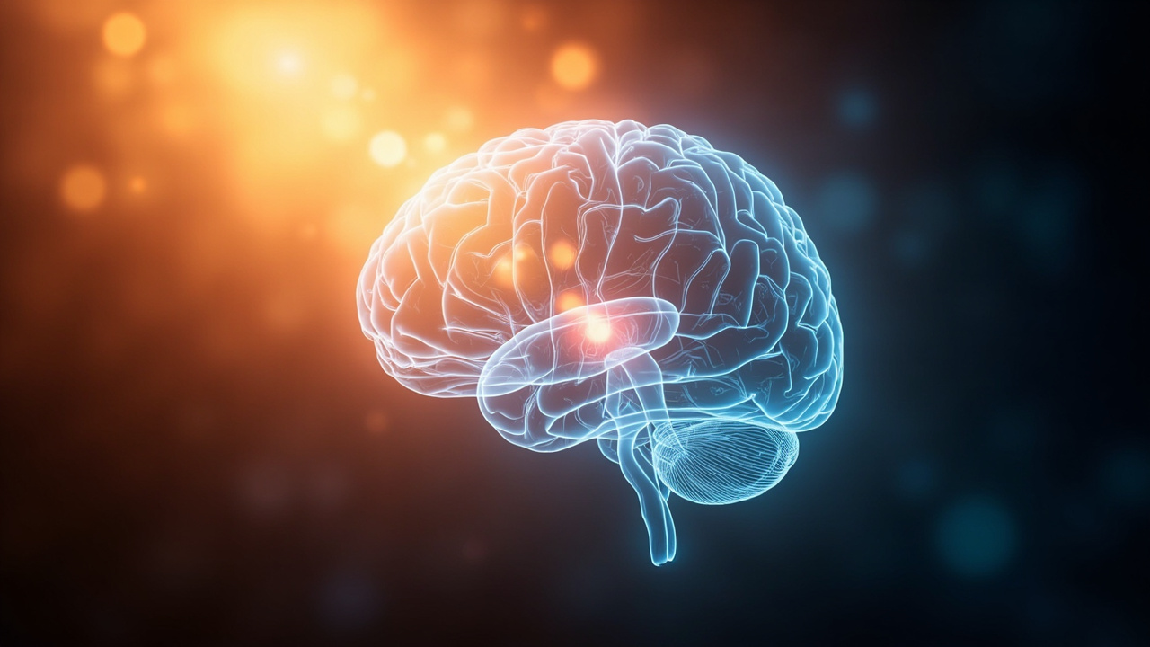 Imagen generada por IA con el prompt: Editorial illustration of a translucent human brain with glowing soft blue neural pathways, surrounded by warm golden light, conveying healing and medical recovery, abstract medical style, no faces