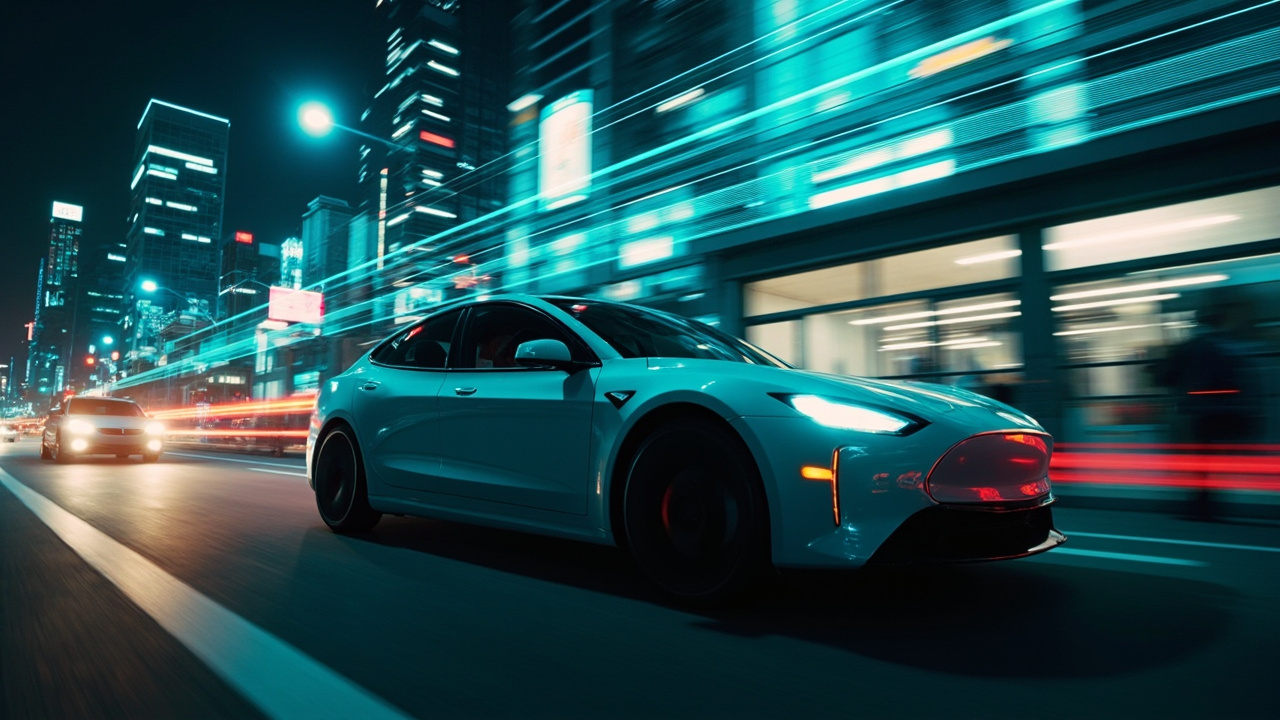 Imagen generada por IA con el prompt: Modern electric sedan driving through a dense urban cityscape at dusk, glowing lidar and sensor waves visualized above the roof, neon-lit Chinese skyline, cinematic editorial photography style, no people visible