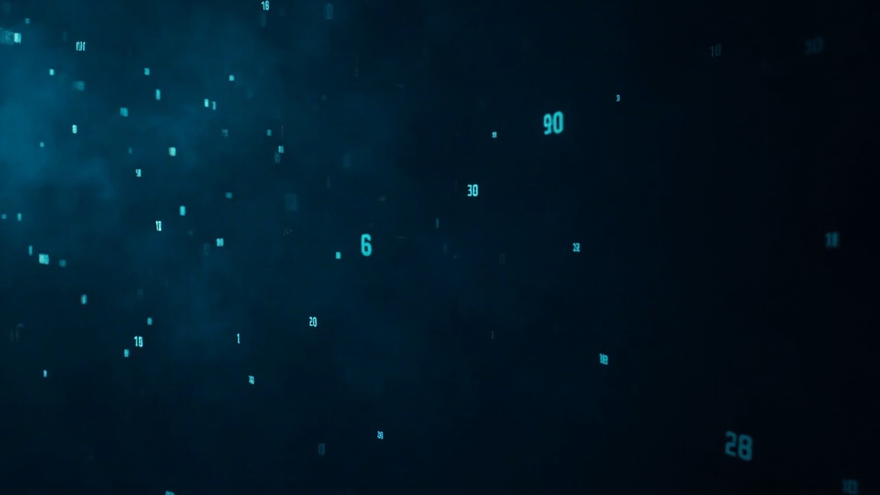 Imagen generada por IA con el prompt: Minimalist editorial illustration of floating mathematical and array programming glyphs on a deep navy background, monospace aesthetic, soft cyan glow, abstract composition