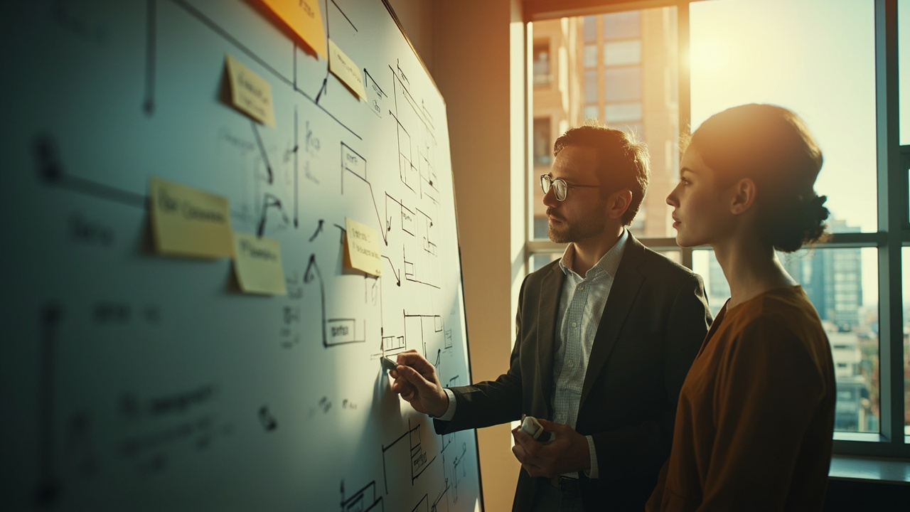 Imagen generada por IA con el prompt: A university professor and a student beside a whiteboard with boxes-and-arrows diagrams and code snippets, modern office, warm natural light, editorial photography style