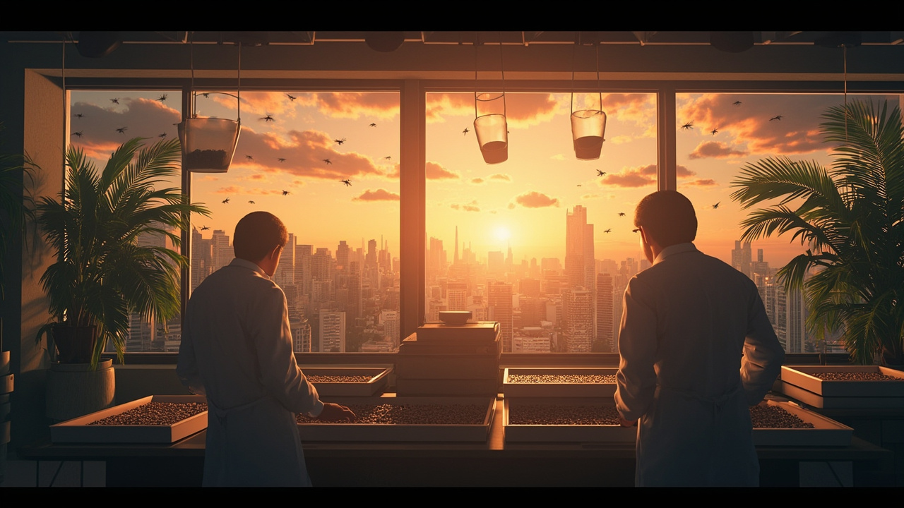 Imagen generada por IA con el prompt: Documentary-style illustration of a tropical laboratory where scientists in white coats rear mosquitoes in trays, with a dawn cityscape outside and clouds of male mosquitoes being released from containers.