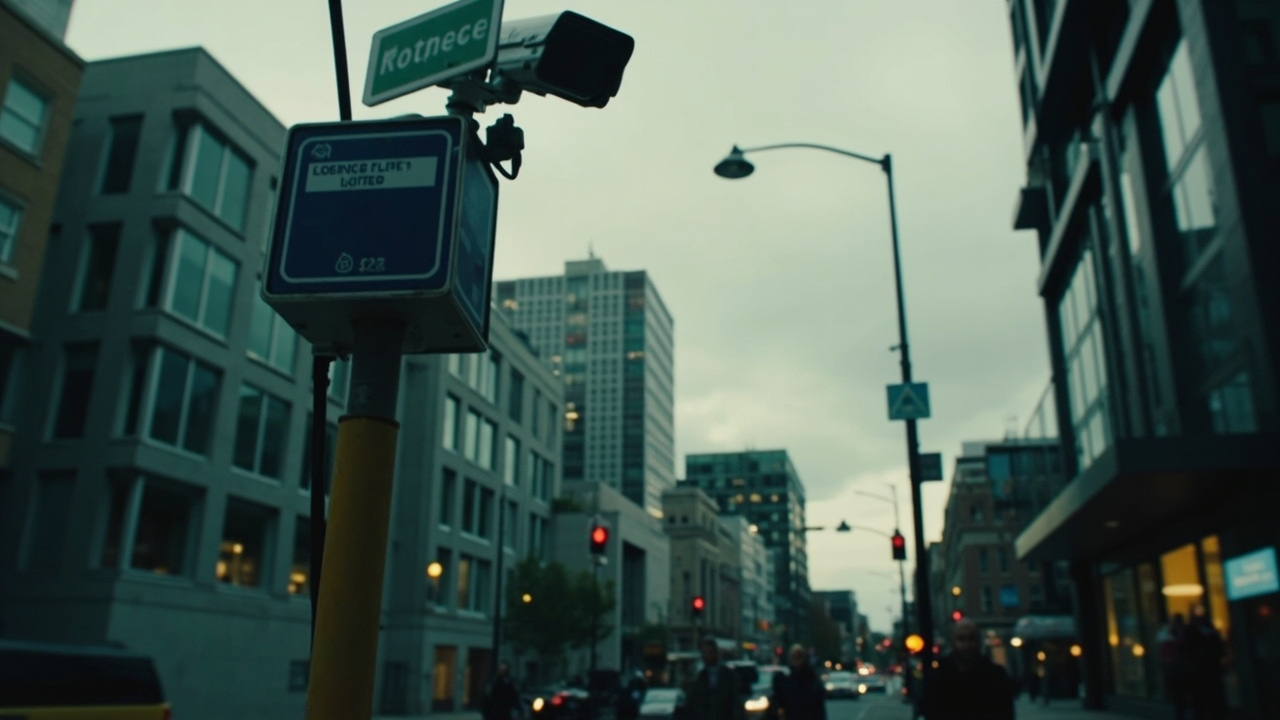 Imagen generada por IA con el prompt: Street-level view of downtown Seattle: a surveillance camera mounted on a pole, an automated license plate reader above an intersection, pedestrians walking below, overcast sky, editorial photography style