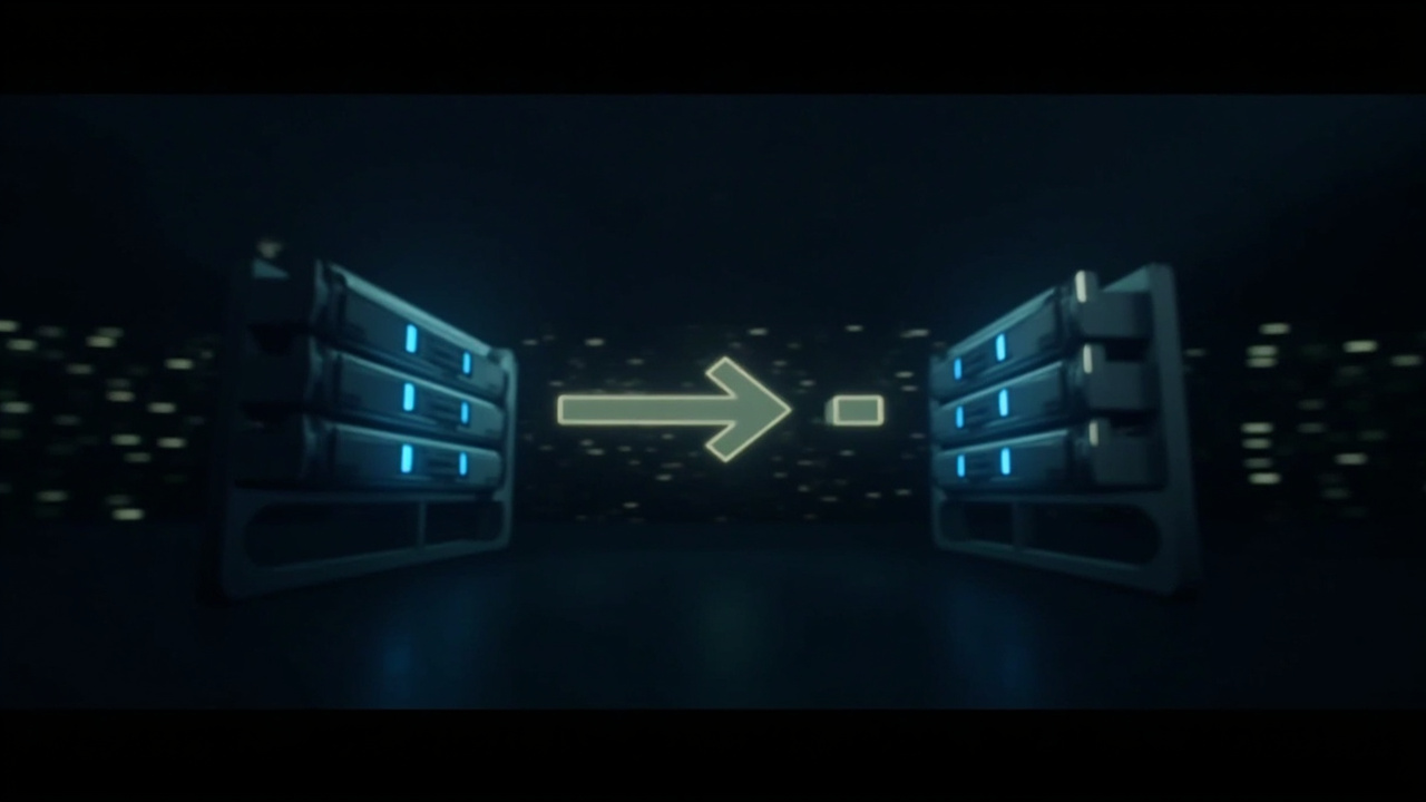 Imagen generada por IA con el prompt: Two stylized storage drives with a glowing arrow connecting them, set in a dark terminal-inspired background. Minimalist editorial illustration, no text or logos.