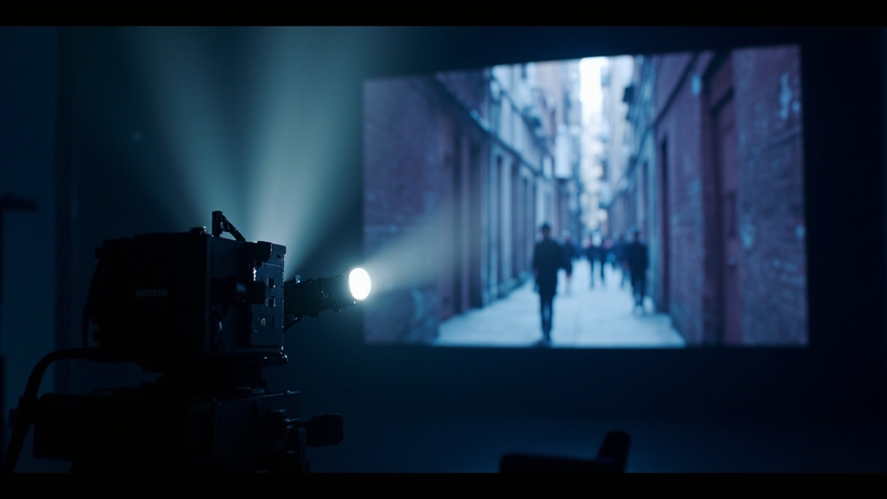 Imagen generada por IA con el prompt: Cinematic film projector in a dark theater, abstract AI-generated human silhouettes projected on a large screen, a narrow Iranian alleyway backdrop in muted blue and violet tones, editorial mood.