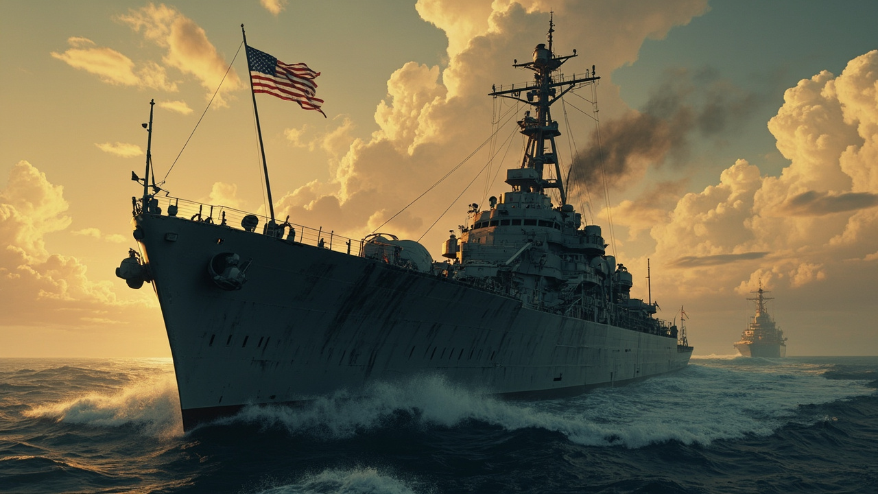 Imagen generada por IA con el prompt: Editorial illustration of a damaged 1960s navy ship at sea, American flag faintly visible, calm sunset over the Mediterranean, somber muted tones, no recognizable faces or logos