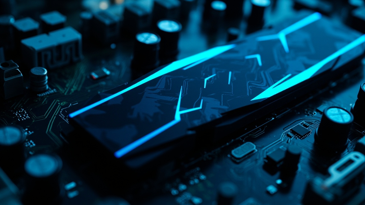 Imagen generada por IA con el prompt: Close-up of a modern GPU circuit board with glowing blue accents on a dark motherboard, sleek editorial tech photography style