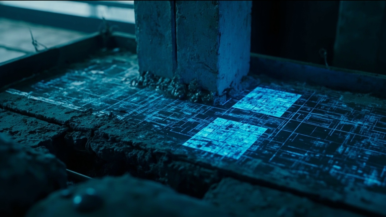 Imagen generada por IA con el prompt: Construction blueprint with glowing blue AI overlay highlighting concrete elements like footings and rebar, dark technical aesthetic, no faces or text