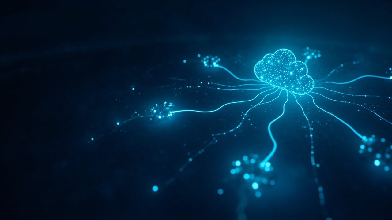 Imagen generada por IA con el prompt: Abstract editorial illustration: glowing code streams flowing through a neutral cloud hub branching to multiple AI model endpoints, dark blue background, clean modern tech aesthetic, no text or logos.