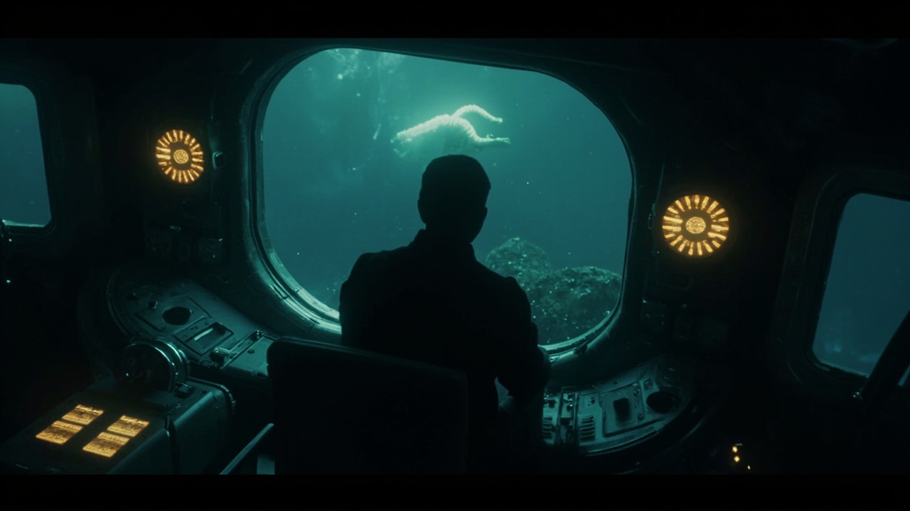 Imagen generada por IA con el prompt: Interior of a dimly lit luxury submersible cockpit, glowing control panels, a pilot in silhouette, dark deep-sea view through the viewport with a faint bioluminescent creature swimming by, moody teal ambience.