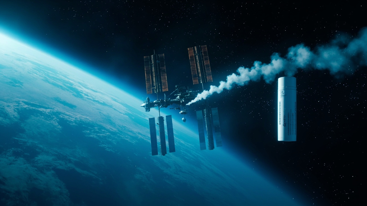 Imagen generada por IA con el prompt: Editorial illustration of the International Space Station orbiting Earth at night, with stylized vapour trails drifting from a floating deodorant stick toward the station's water system, cool blue tones, technical schema