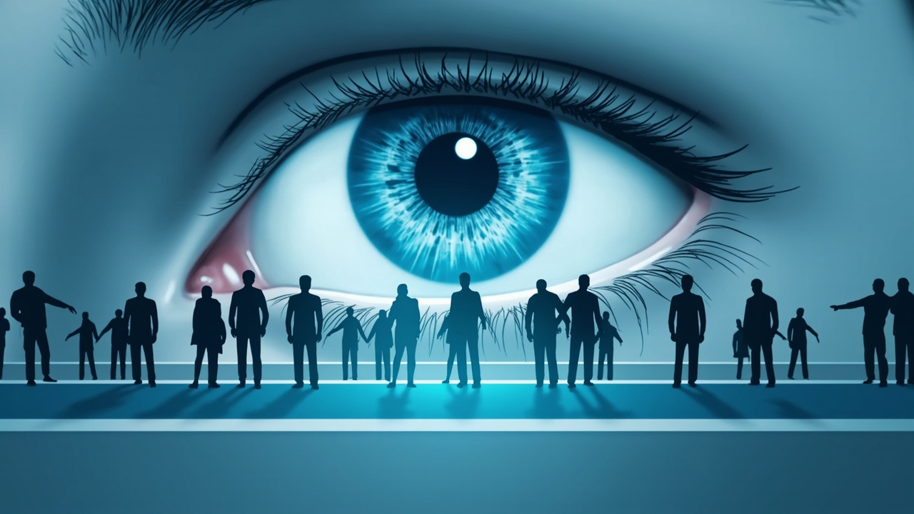 Imagen generada por IA con el prompt: Editorial illustration of a single digital eye scanning an identical line of human silhouettes on a conveyor belt, with some figures dropping out at the bottom, flat design, cool blue and grey tones.