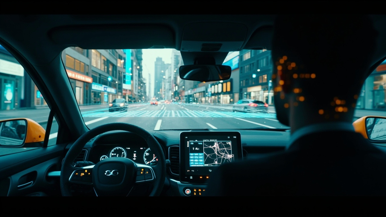 Imagen generada por IA con el prompt: Futuristic autonomous vehicle dashboard displaying a digital simulation of a city intersection, with glowing data streams and a human driver silhouette overlay, in a clean editorial style with blue and amber accents.