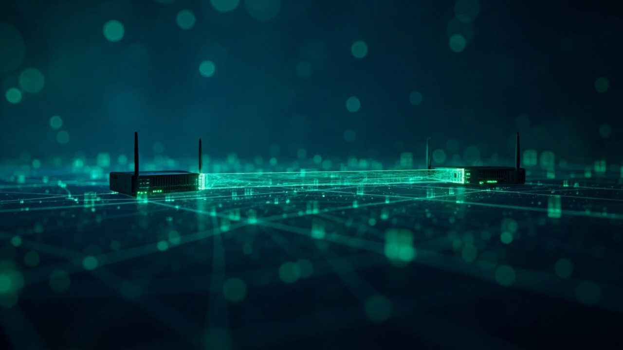 Imagen generada por IA con el prompt: Technical diagram of two routers exchanging IPv6 Router Advertisement packets, green data packets flowing across a glowing network mesh on a dark blue background, abstract editorial illustration style