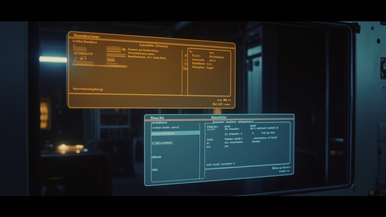 Imagen generada por IA con el prompt: A terminal screen showing a retro TUI with multiple windows, one with an amber color theme, another with a blue-gray theme. Windows have borders and titles like 'tracktivity' and 'bine'. The screen has a nostalgic DOS fe