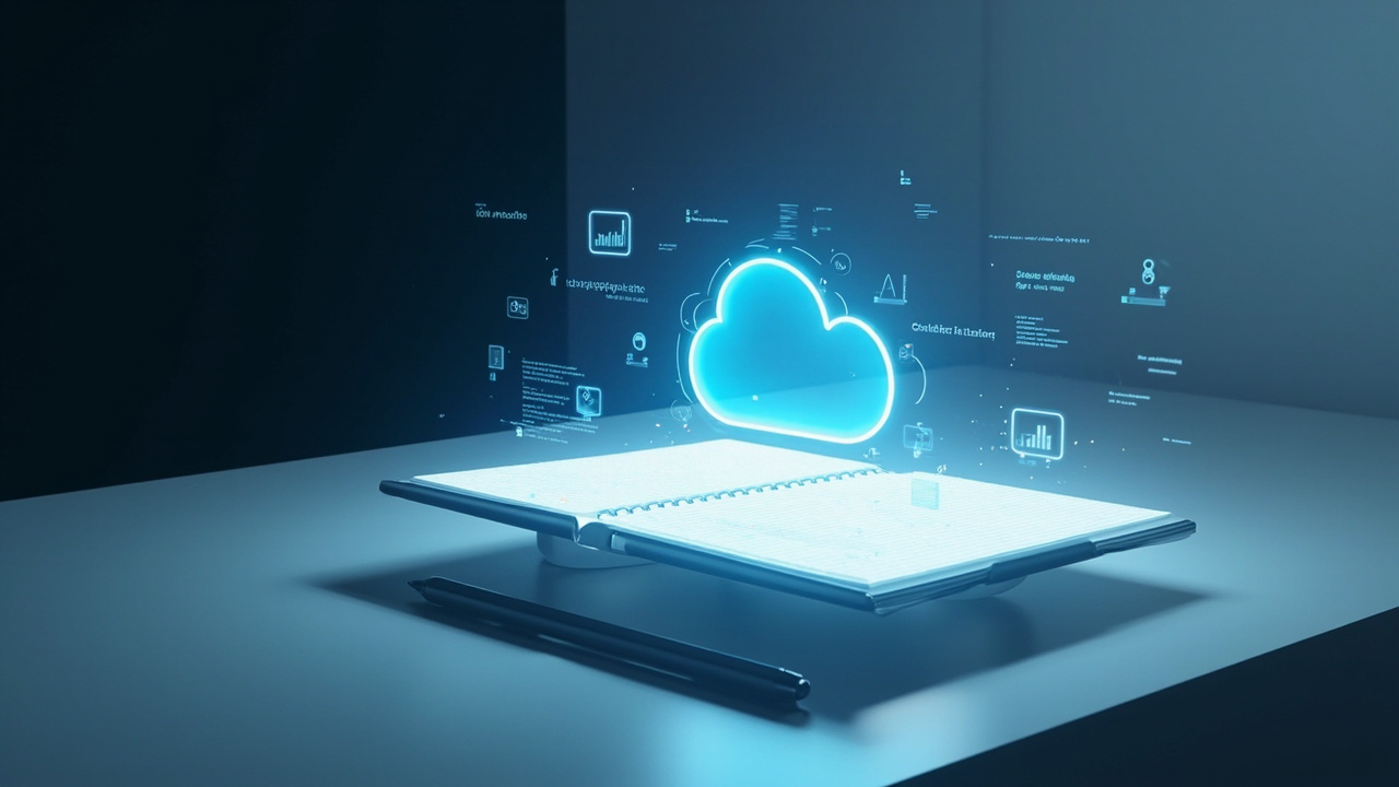 Imagen generada por IA con el prompt: A minimalist workspace desk with a glowing holographic notebook interface floating above it, surrounded by floating data charts, code snippets, and a soft blue cloud icon, clean modern editorial illustration