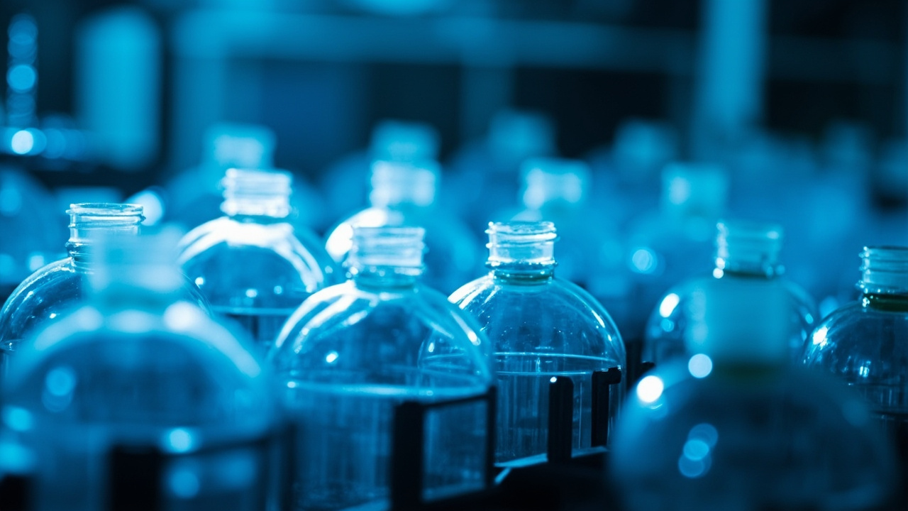 Imagen generada por IA con el prompt: editorial illustration of transparent PET bottle preforms on a factory line, blue industrial lighting, didactic infographic style, no text or logos