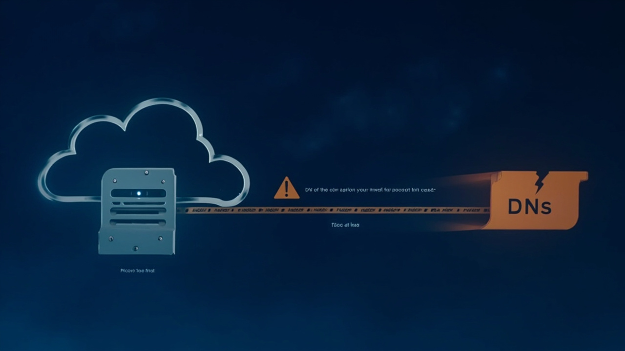Imagen generada por IA con el prompt: A stylized network diagram showing a server and a DNS server connected with a broken chain link, warning sign on DNS, no text, modern tech illustration, blue and orange tones, minimalistic.