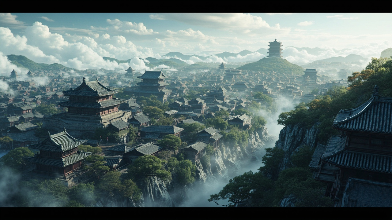 Imagen generada por IA con el prompt: Panoramic view of Edo cityscape with samurai neighborhoods and daimyo mansions, traditional Japanese architecture, high walls and gardens, historical illustration style, no modern elements, no recognizable faces.