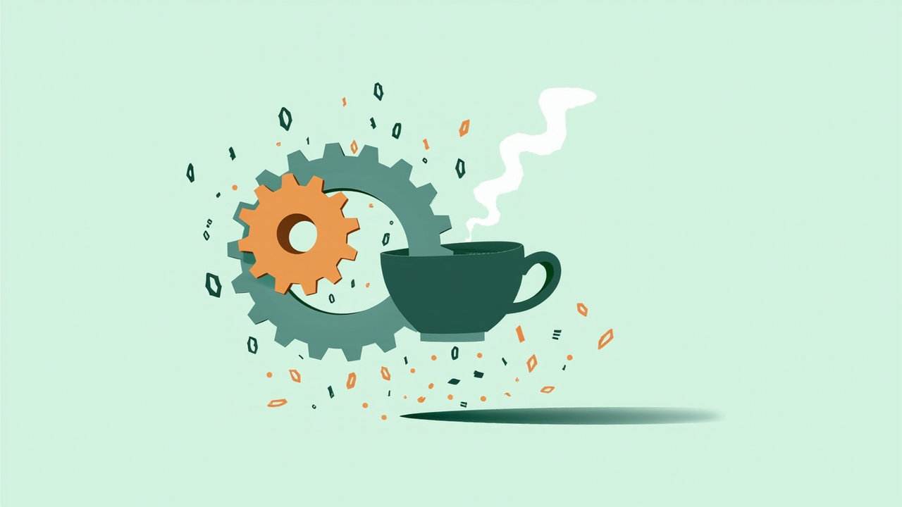 Imagen generada por IA con el prompt: Stylized gear mechanism morphing into a steaming coffee cup, code symbols drifting around them, teal and amber color palette, flat editorial illustration, clean light background