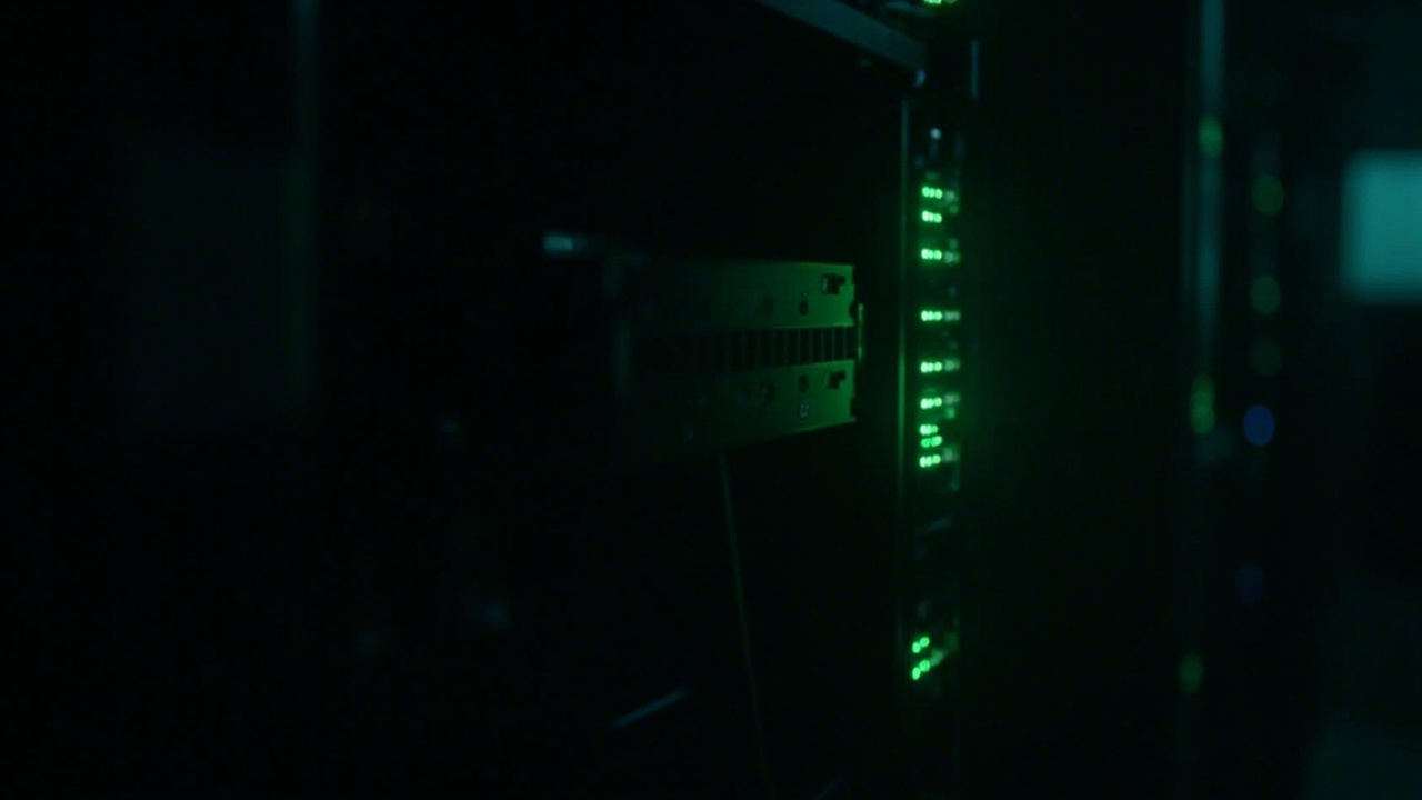 Imagen generada por IA con el prompt: Dimly lit data center server rack with an unidentified dark networking device highlighted, glowing status lights, eerie green ambient lighting, mysterious atmosphere, no people