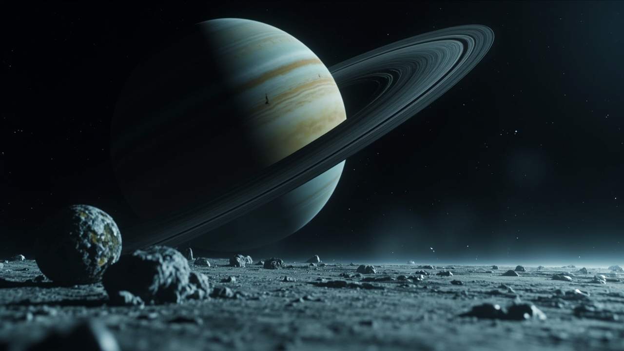 Imagen generada por IA con el prompt: Uranus tilted on its side in deep space, surrounded by faint ring system and small irregular moon with fractured mosaic-like surface, icy debris in foreground, dark cosmos background, cinematic illustration