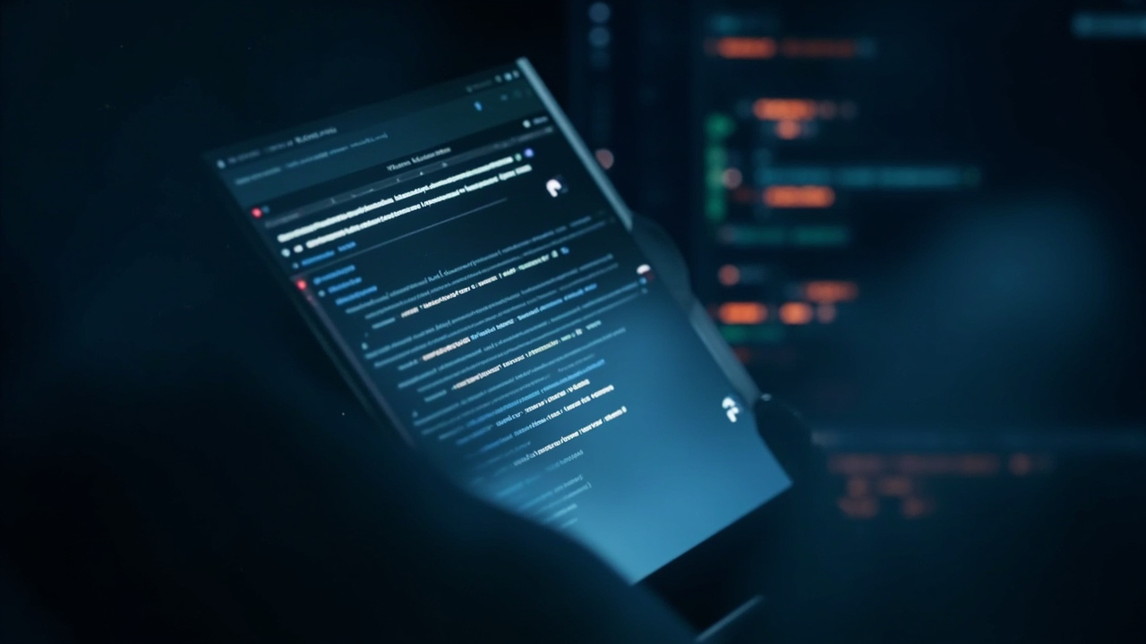 Imagen generada por IA con el prompt: Browser window displaying an office document rendered on an HTML canvas, with floating WebAssembly module icons and code snippets in the background, dark theme, soft blue glow.