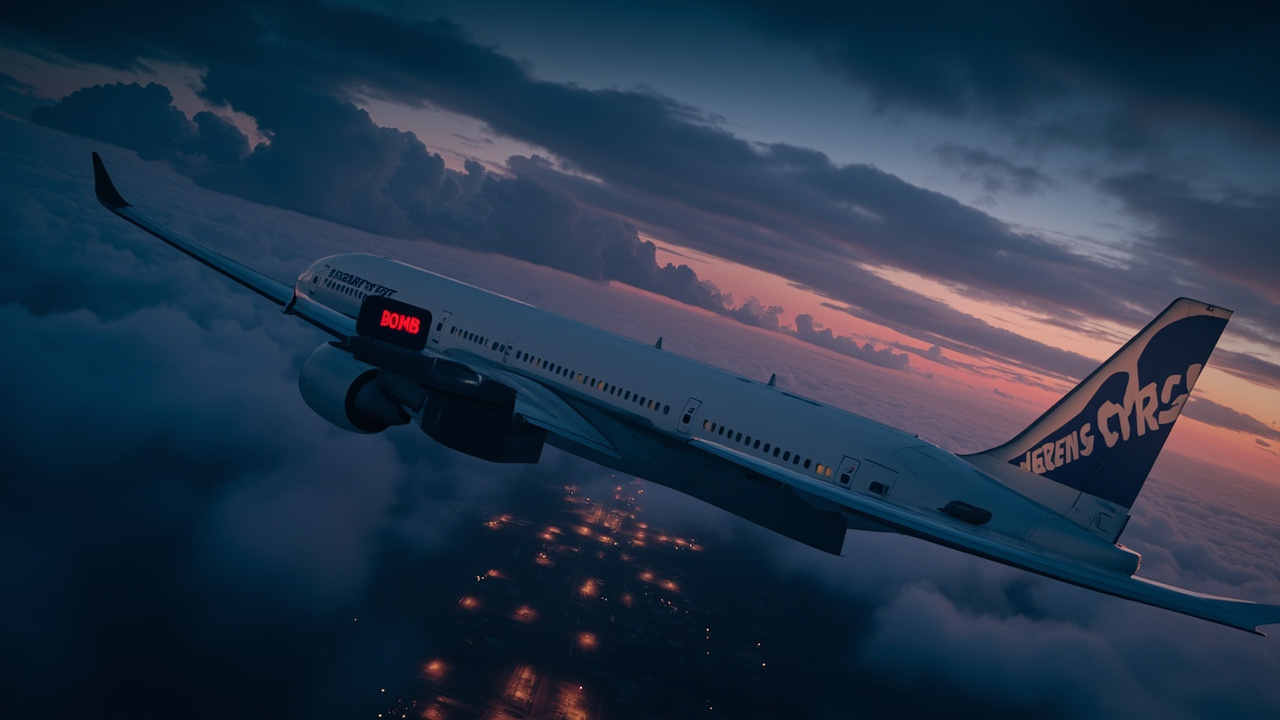 Imagen generada por IA con el prompt: Editorial illustration of a Boeing 767-400ER turning around over the Atlantic Ocean, with a passenger using a Bluetooth speaker labeled 'BOMB', airport runway lights below, dramatic sky, no visible faces, no logos or tex