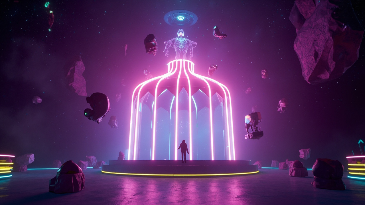 Imagen generada por IA con el prompt: Surreal digital circus tent glowing in neon pink and cyan inside a dark virtual void, cartoonish avatars floating mid-air, holographic AI ringmaster silhouette, cinematic wide shot, no text, no real faces