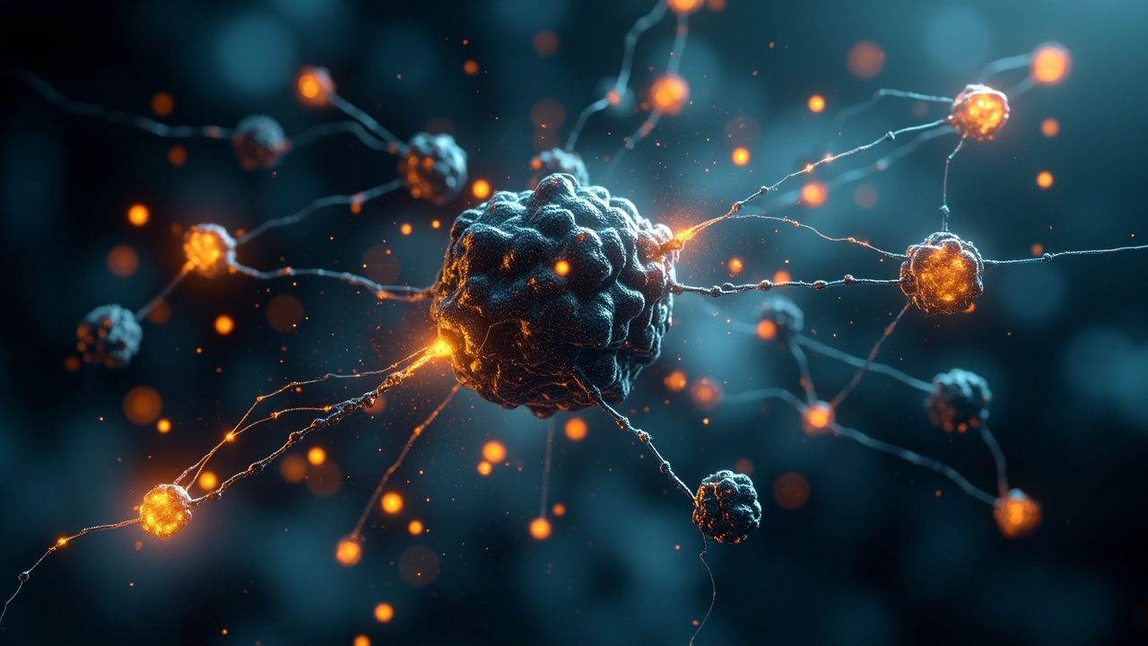 Imagen generada por IA con el prompt: Abstract molecular cluster visualization: interconnected iron and molybdenum nodes linked by glowing electron clouds, scientific laboratory atmosphere, cool blue and amber lighting, digital editorial illustration, no tex