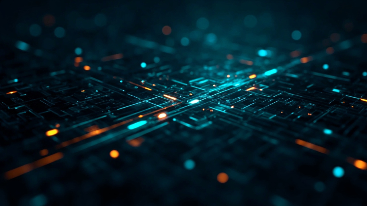 Imagen generada por IA con el prompt: Abstract technical illustration: a deterministic execution grid with glowing thread paths weaving through translucent bytecode blocks, indigo background, teal and amber provenance lines, no text