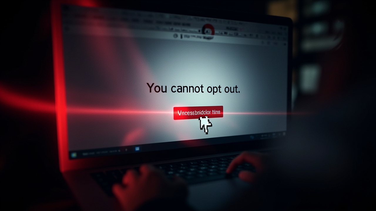 Imagen generada por IA con el prompt: Editorial illustration: a computer screen displaying an email footer that says 'You cannot opt out', a mouse cursor hovering over a missing unsubscribe link, dark background, red accents, abstract frustration, no faces o