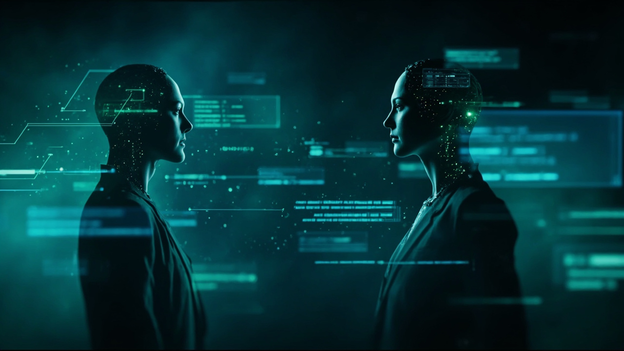 Imagen generada por IA con el prompt: Two abstract AI agents represented as glowing nodes exchanging messages over a network of Git branches and commits, data flowing in real-time, minimalist futuristic interface with blue and green tones, no human faces, lo