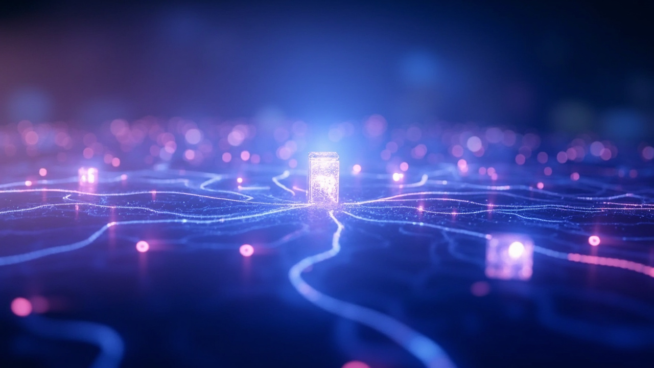 Imagen generada por IA con el prompt: Abstract digital workspace with interconnected glowing nodes representing AI agents and floating code blocks, clean modern style, soft blue and purple gradient background, no text or logos