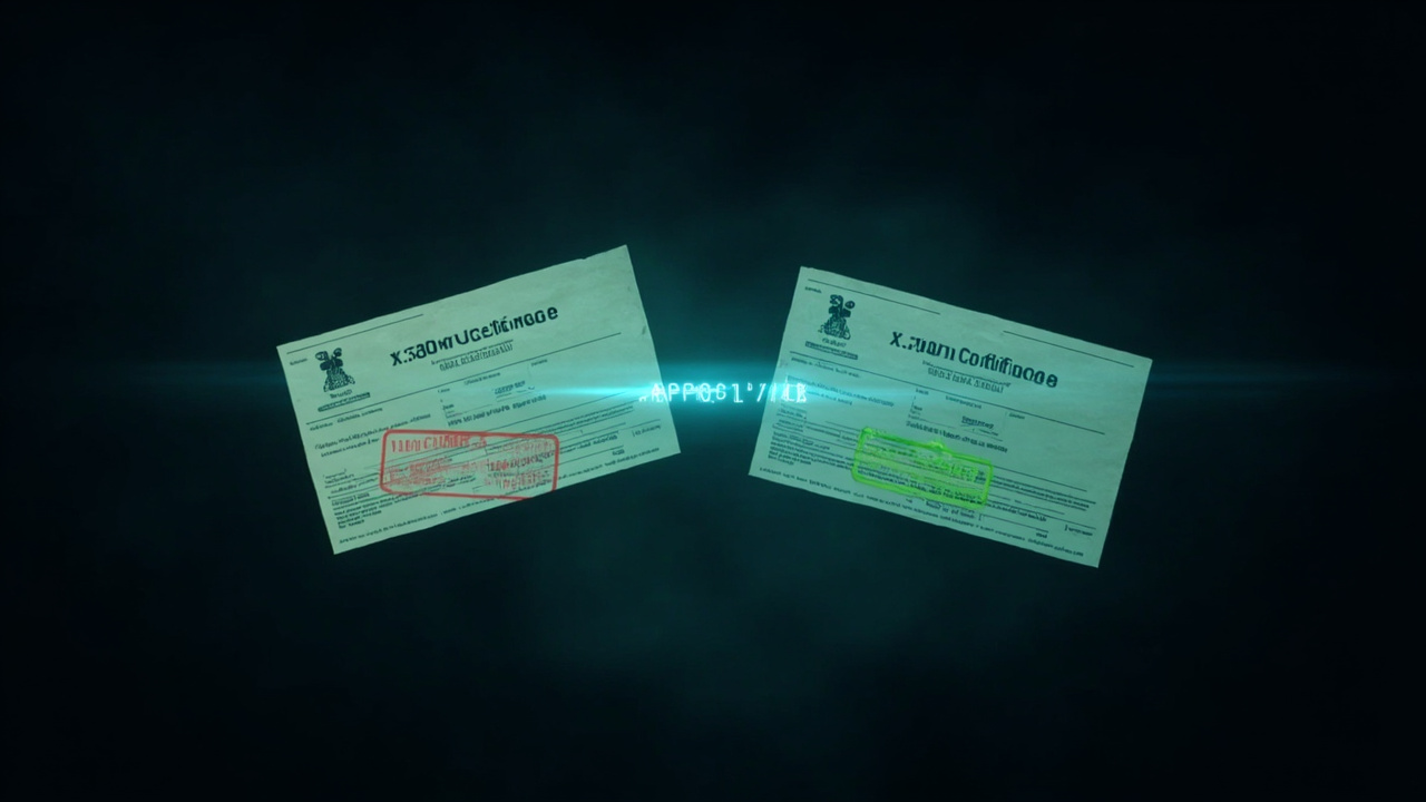 Imagen generada por IA con el prompt: Editorial illustration of two X.509 certificate pages on a dark background, one stamped REJECTED in red ink, the other APPROVED in green, with a glowing binary byte 0x0c highlighted between them, technical and minimalist