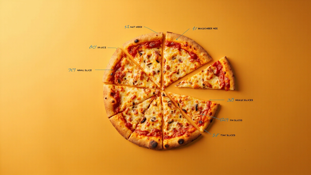 Imagen generada por IA con el prompt: Split pizza pie chart with 100 slices, one huge slice labeled 30 slices, nine medium slices, forty small slices, fifty tiny slices; minimalist editorial style, no text overlays, warm colors, clean vector graphic.