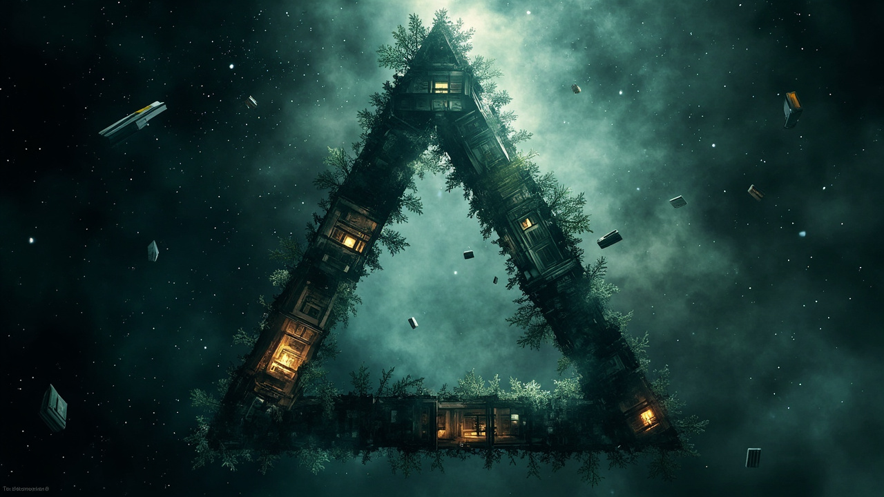 Imagen generada por IA con el prompt: Abstract fractal Sierpinski triangle with three vertices representing tennis academy, recovery house, and wheelchair assassins, books and scenes floating in the void, no text, no faces, digital art style.