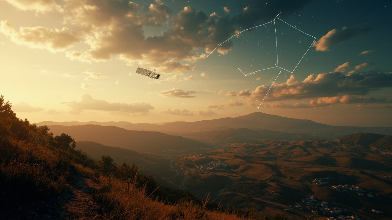 Imagen generada por IA con el prompt: Satellite constellation orbiting above a rural Spanish landscape with rolling hills, small isolated villages and winding roads, soft golden light at dusk, editorial digital illustration, no text, no logos