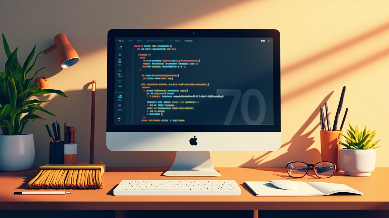 Imagen generada por IA con el prompt: Flat illustration of a clean, modern developer workspace; a monitor displays code with a subtle '7.0' numeral; tools like a broom sweeping away old deprecated elements; warm tones; no faces or logos.