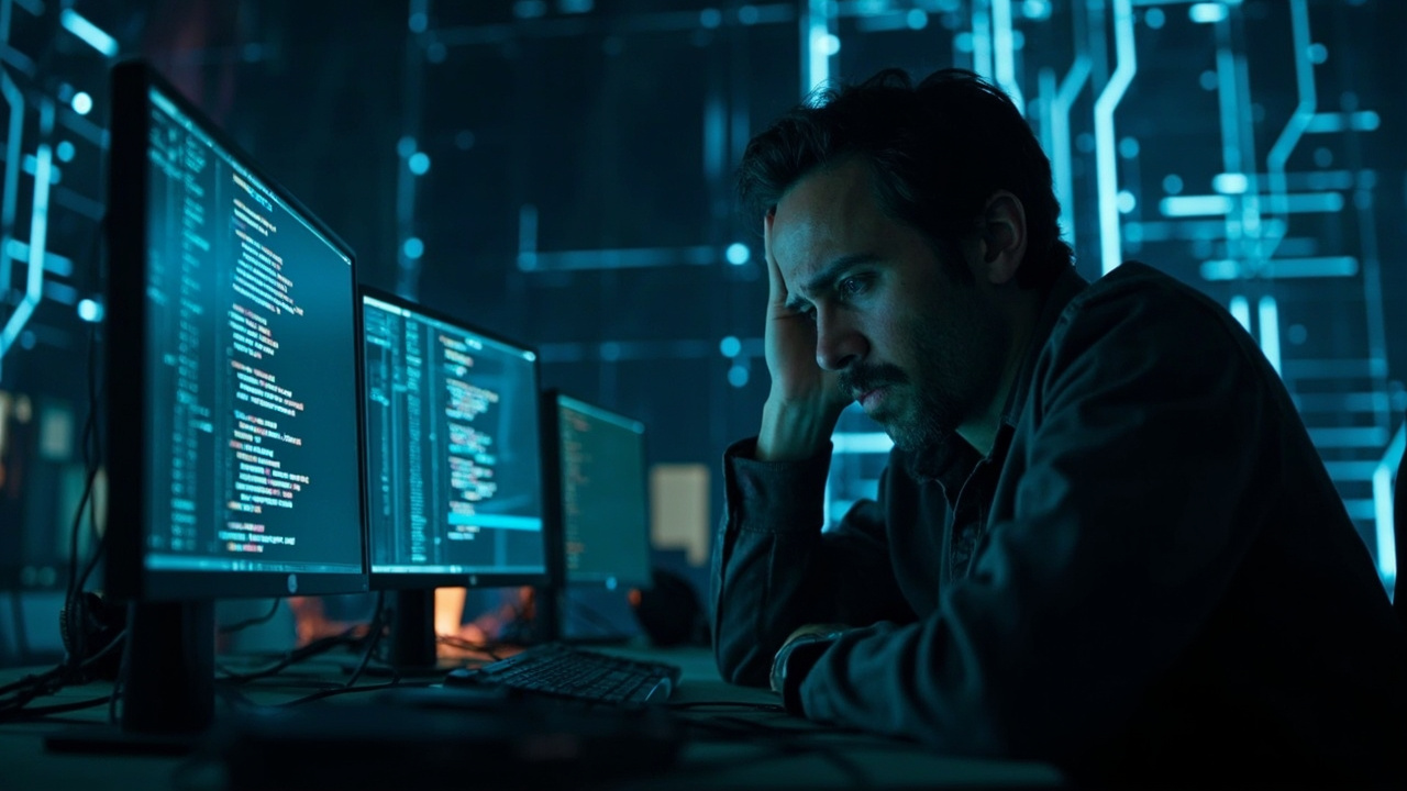 Imagen generada por IA con el prompt: Exhausted software developer at a dim office desk at night, multiple monitors with code, glowing AI circuitry in the background, cold corporate blue tones, editorial illustration