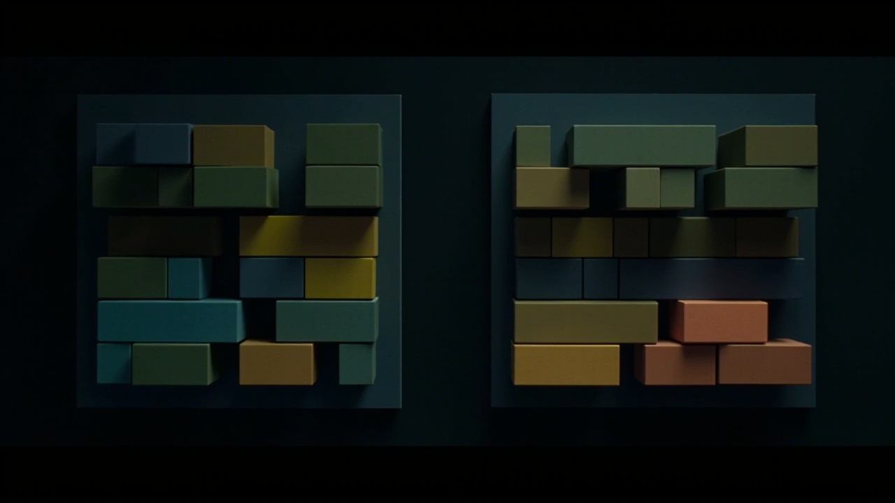 Imagen generada por IA con el prompt: side by side comparison of contiguous memory blocks representing array of structs vs struct of arrays layout, minimalist technical diagram, dark background, geometric color blocks