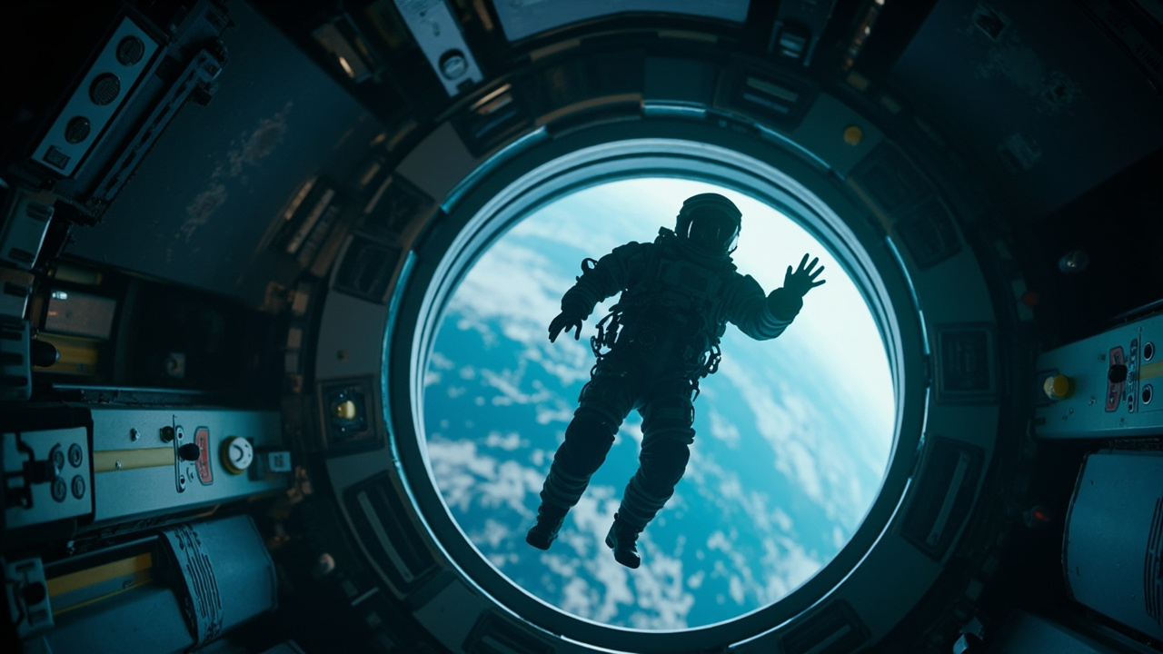 Imagen generada por IA con el prompt: Astronaut figure floating weightlessly inside a space station module, Earth visible through a circular porthole, soft cinematic blue lighting, scientific equipment around, no text or logos