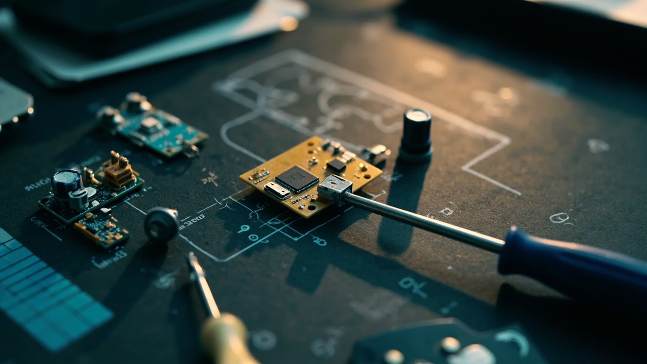 Imagen generada por IA con el prompt: Flat lay of disassembled small electronics, screwdrivers and a circuit board on a workbench, with soft charts and data overlays in the background, editorial photo style, neutral warm lighting