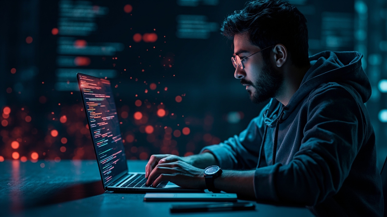 Imagen generada por IA con el prompt: Editorial illustration of a developer at a laptop with glowing AI code on screen, warning symbols floating around the code, dark cyber-themed background, flat modern style