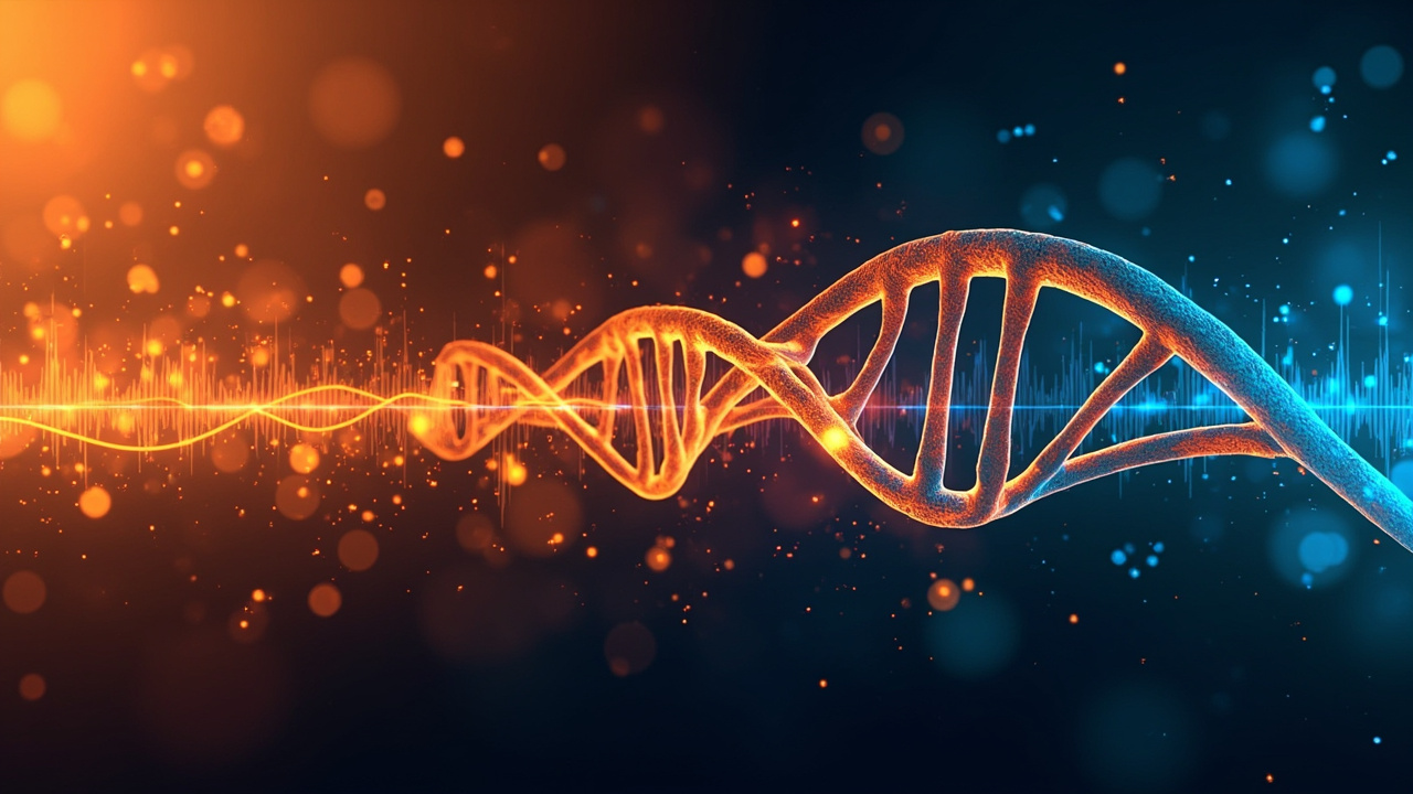 Imagen generada por IA con el prompt: Editorial illustration of a corporate music label office, abstract glowing DNA helix merging with musical notes and digital waveform, warm amber and electric blue tones, modern minimal style