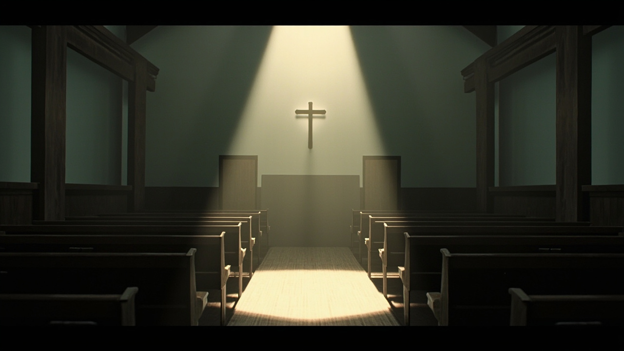 Imagen generada por IA con el prompt: Editorial illustration of an empty US military chapel interior with wooden pews under soft light, a simple cross on the wall, austere atmosphere, muted colors, no text, no people