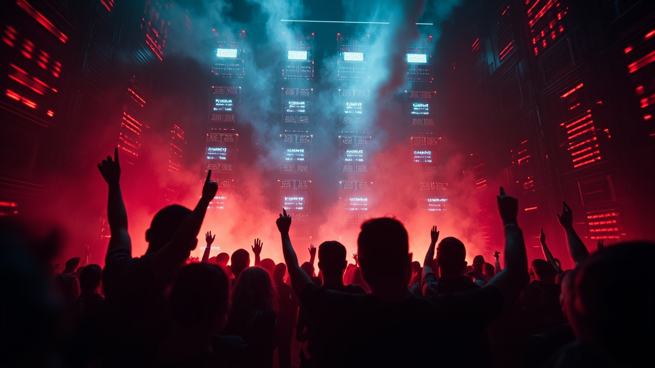 Imagen generada por IA con el prompt: Dark editorial illustration of silhouetted protesters facing glowing server racks, red and blue neon lighting, drifting smoke, ominous atmosphere, no recognizable faces or brand logos