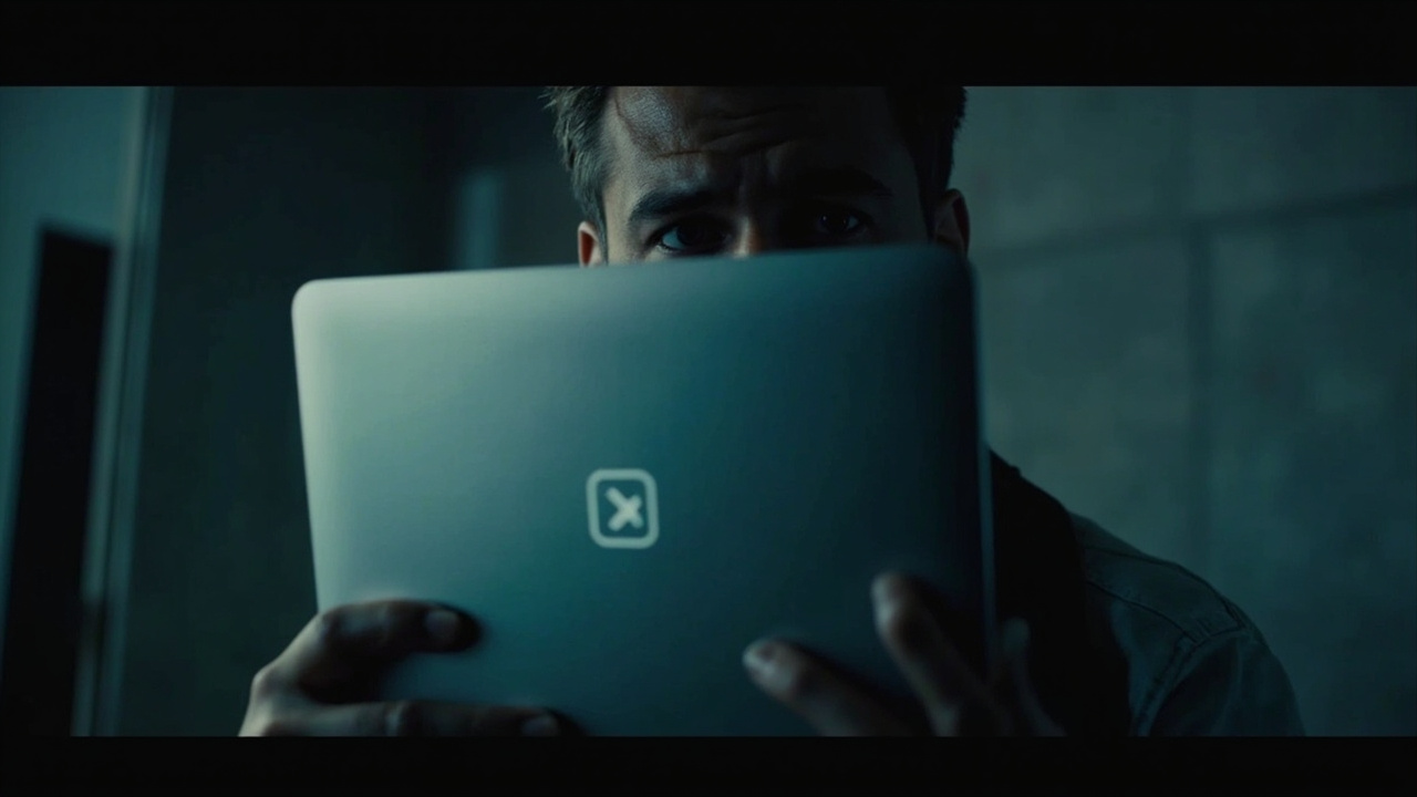 Imagen generada por IA con el prompt: Editorial illustration: a frustrated user holding a laptop, with a large semi-transparent modal window covering the screen, bearing a dismiss button shaped like a tiny 'x'. The user's face is obscured; the scene is a clu