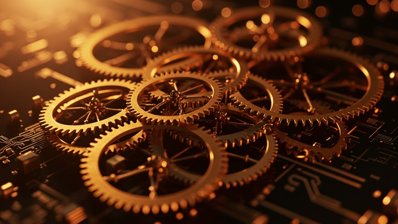Imagen generada por IA con el prompt: Editorial illustration of intertwined golden gears and circuit nodes representing a compiler, warm copper tones, clean technical background, no logos or text.