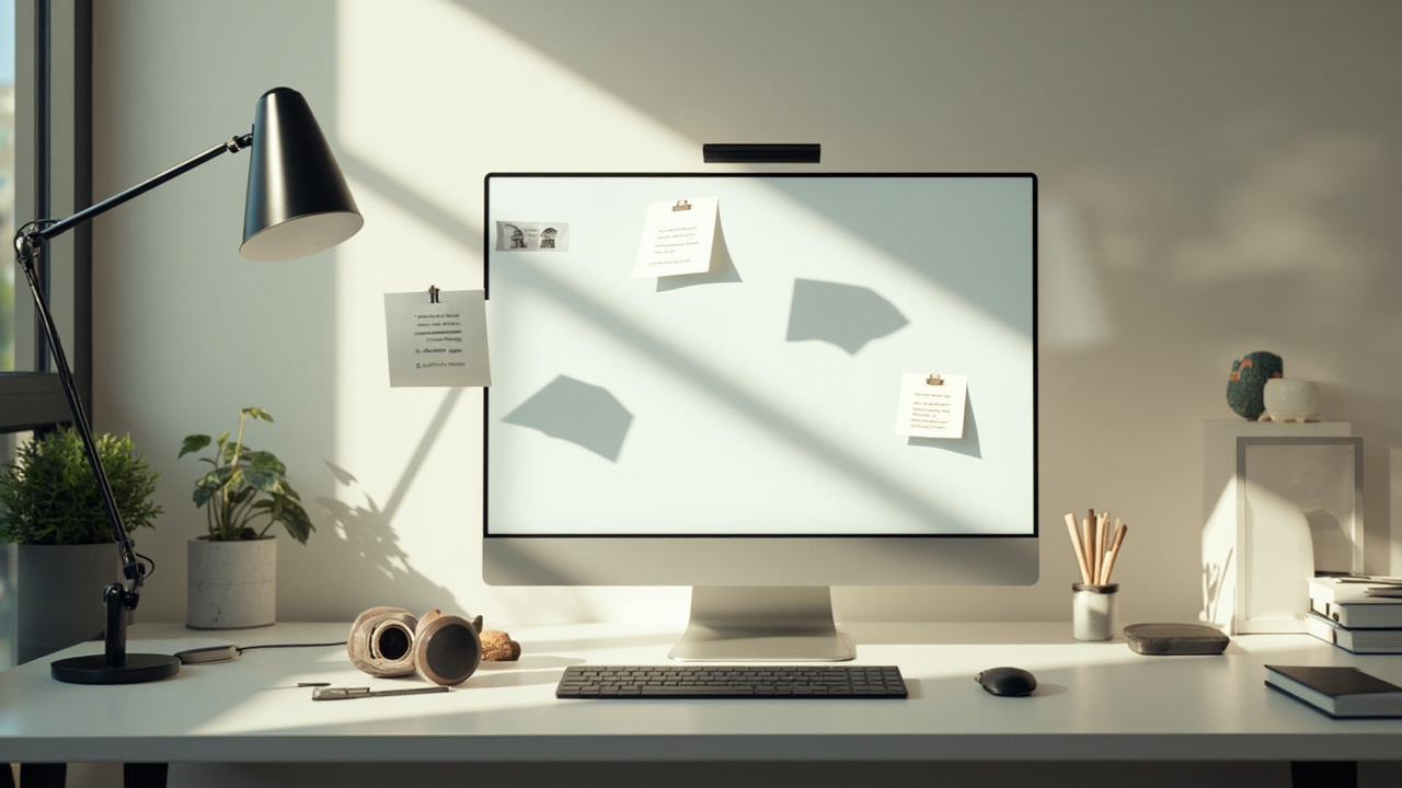 Imagen generada por IA con el prompt: A clean minimalist desk setup with a monitor showing floating text snippets and clipboard icons, soft natural lighting, modern productivity aesthetic, neutral tones